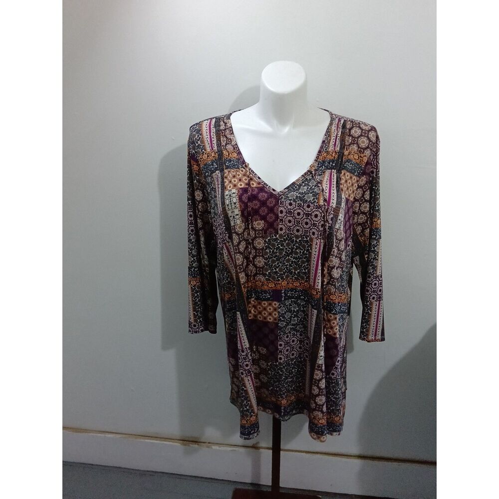 Cato Patchwork Geometric Print V-Neck Tunic Top 3/4 Sleeve Size 22/24W